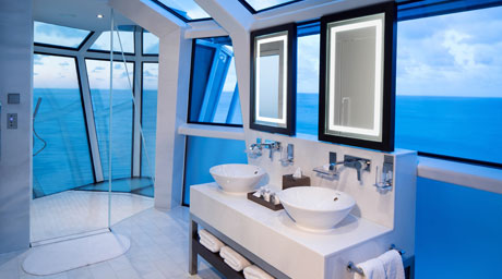 The sea view bathroom in the Reflection Suite on Celebrity's new ship, Reflection, has a shower extending out over the sea. Photo from Celebrity Cruises.